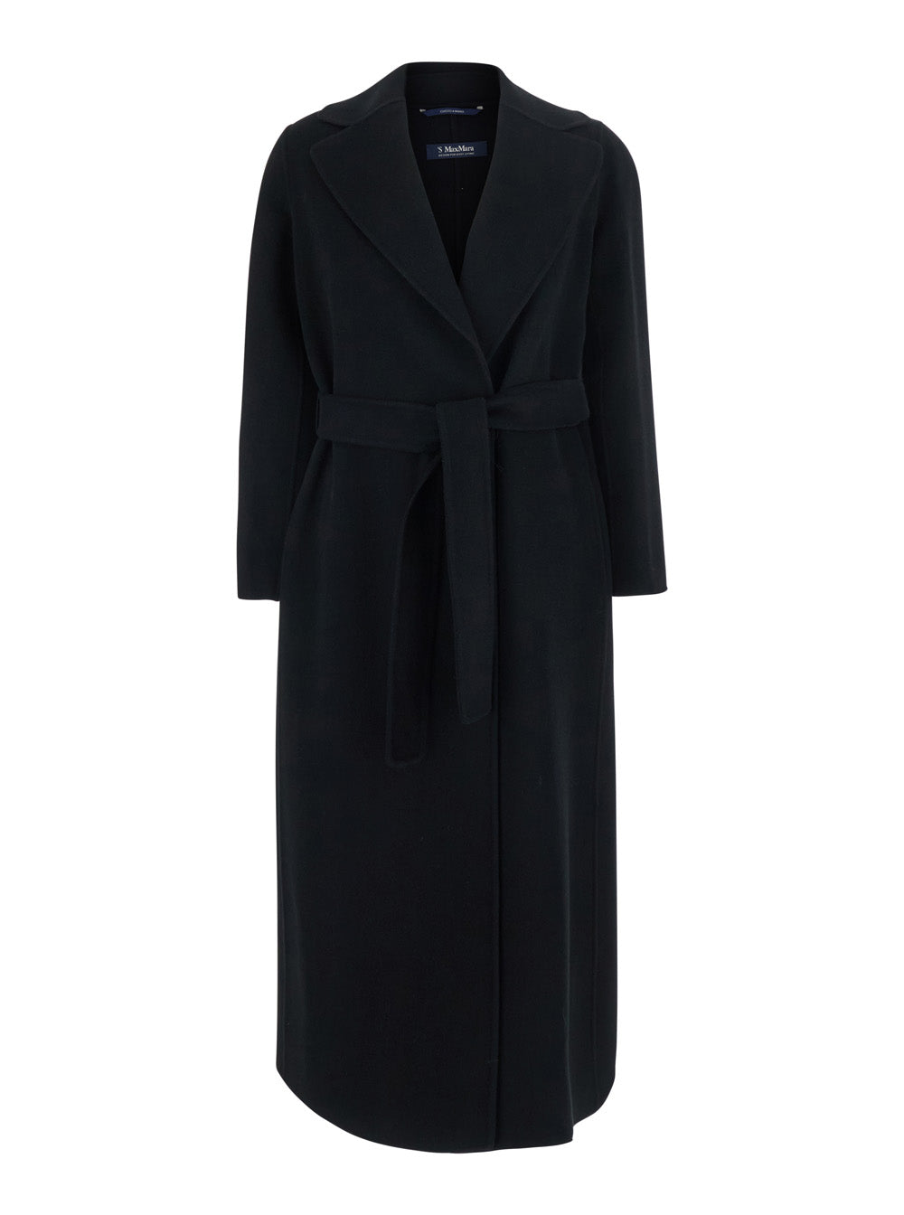'S Maxmara Women 'Poldo' Black Coat With Notched Revers And Front Belt Closure In Wool For Women