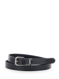 Saint Laurent Men Belt With Cassandre Plate On The Front And Adjustable Buckle In Black Leather For Men