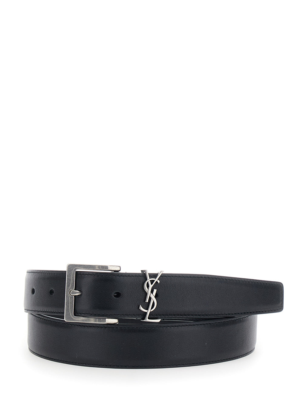 Saint Laurent Men Belt With Cassandre Plate On The Front And Adjustable Buckle In Black Leather For Men