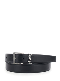 Saint Laurent Men Belt With Cassandre Plate On The Front And Adjustable Buckle In Black Leather For Men