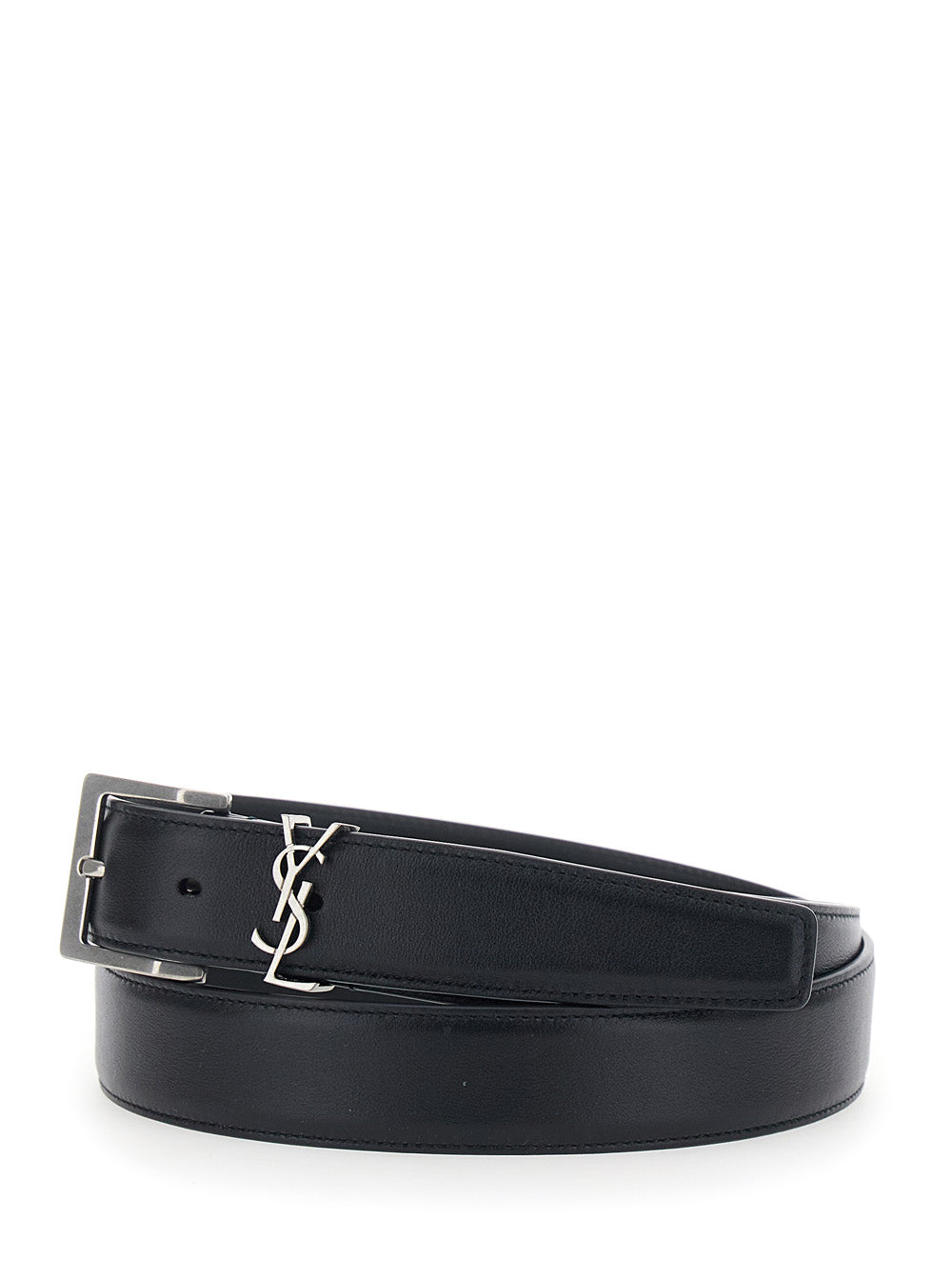 Saint Laurent Men Belt With Cassandre Plate On The Front And Adjustable Buckle In Black Leather For Men