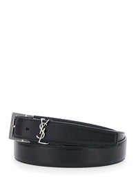 Saint Laurent Men Belt With Cassandre Plate On The Front And Adjustable Buckle In Black Leather For Men