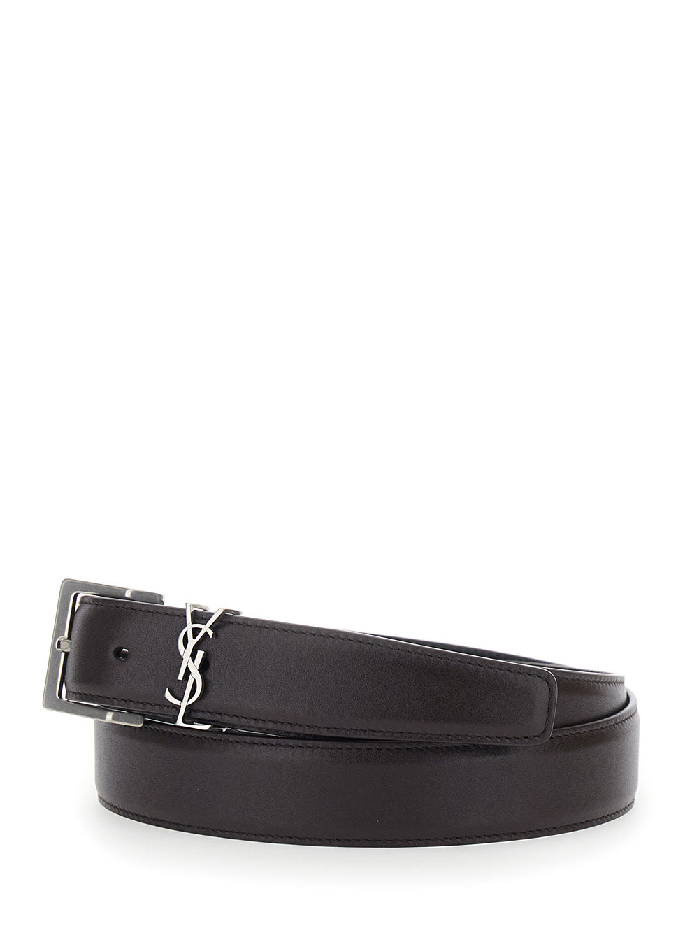 Saint Laurent Men Belt With Cassandre Plate On The Front And Adjustable Buckle In Brown Leather For Men
