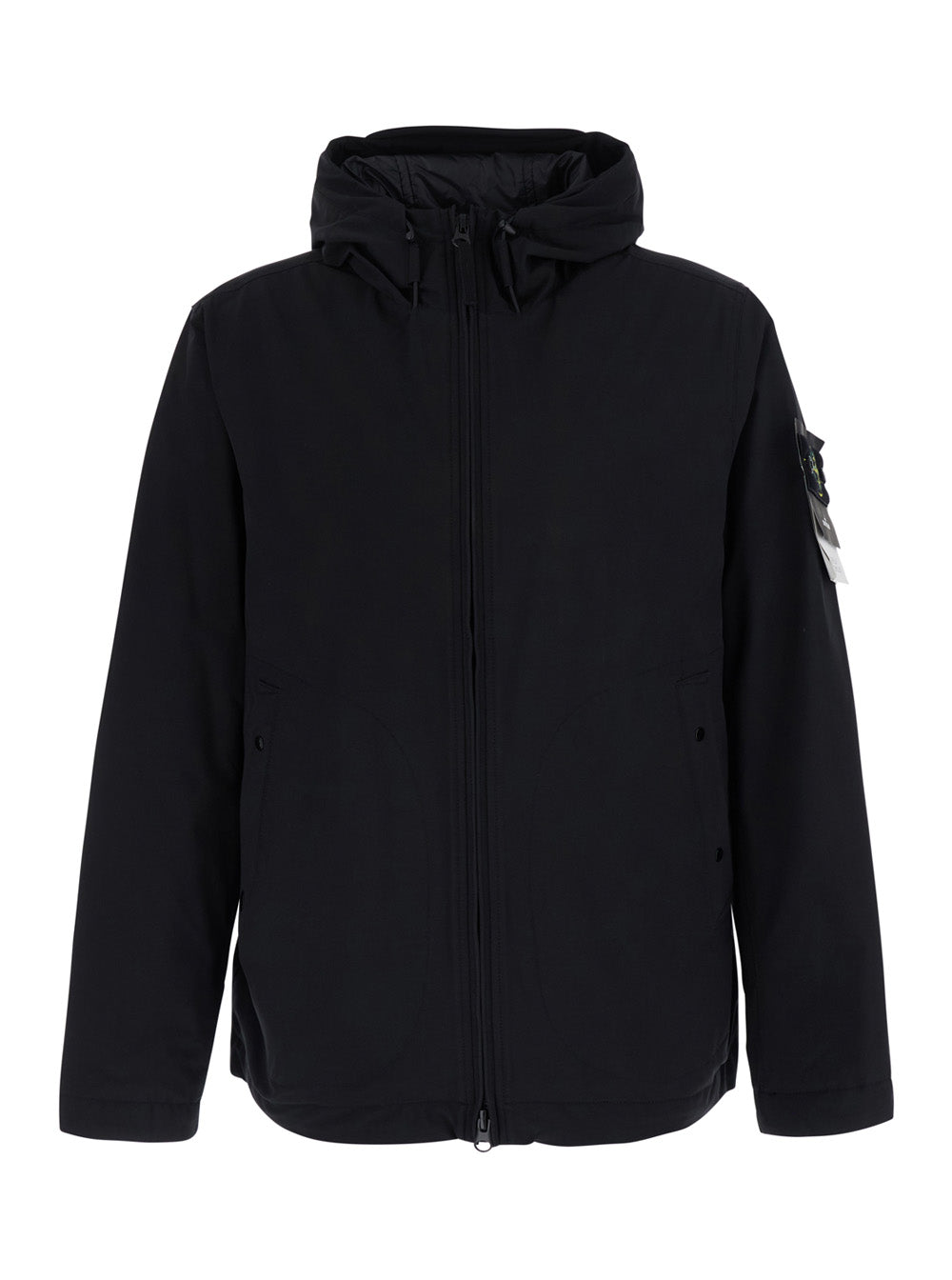 Stone Island Men Black Jacket With Hood And Logo Patch On The Sleeve In Tech Fabric For Men