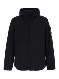 Stone Island Men Black Jacket With Hood And Logo Patch On The Sleeve In Tech Fabric For Men