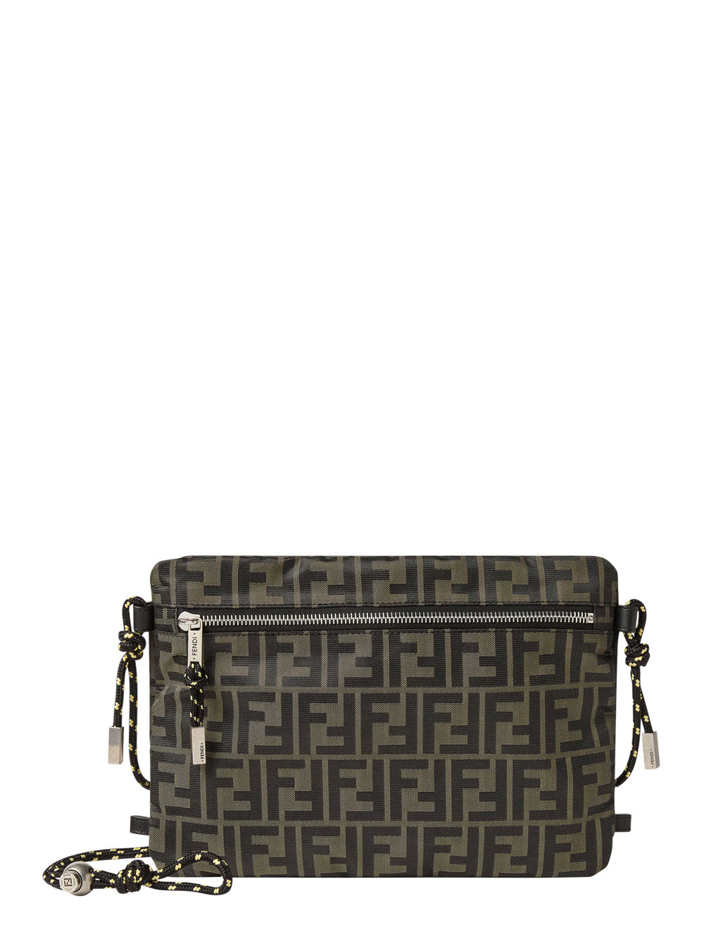 Fendi Men Brown Clutch Bag With Rope Shoulder Strap And Zip Closure In Ff Canvas For Women