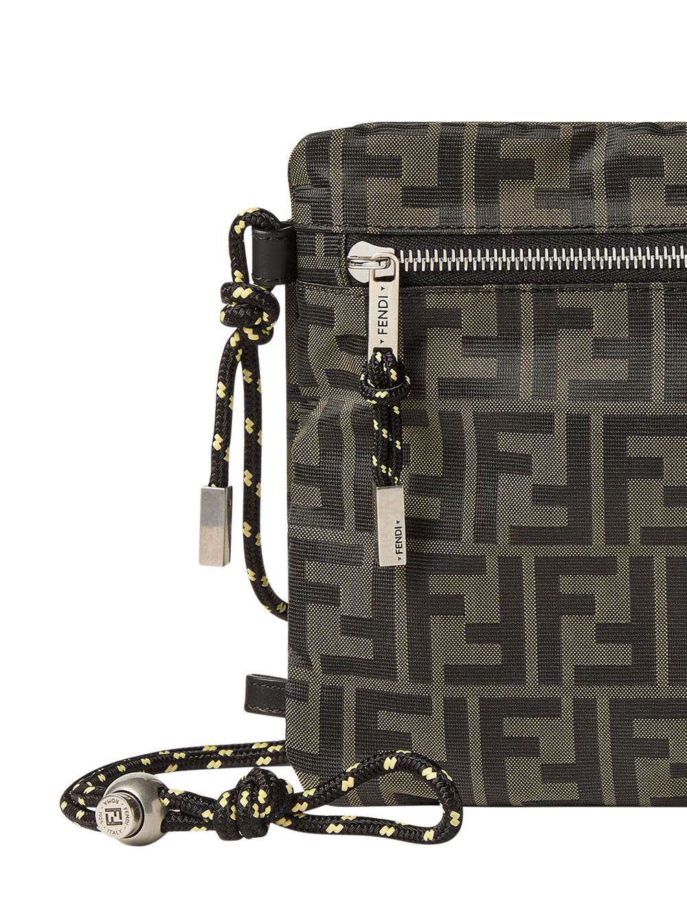 Fendi Men Brown Clutch Bag With Rope Shoulder Strap And Zip Closure In Ff Canvas For Women