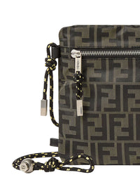 Fendi Men Brown Clutch Bag With Rope Shoulder Strap And Zip Closure In Ff Canvas For Women