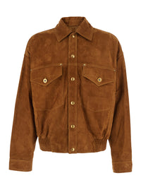 Versace Men Beige Jacket With Classic Collar And Logoed Jewel Buttons In Suede For Men