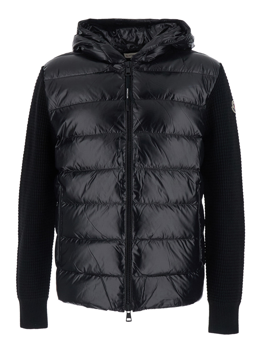 Moncler Men Black Cardigan With Zip And Logo Patch On The Sleeve In Tech Fabric And Wool Blend Men