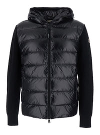 Moncler Men Black Cardigan With Zip And Logo Patch On The Sleeve In Tech Fabric And Wool Blend Men