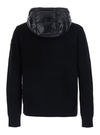 Moncler Men Black Cardigan With Zip And Logo Patch On The Sleeve In Tech Fabric And Wool Blend Men
