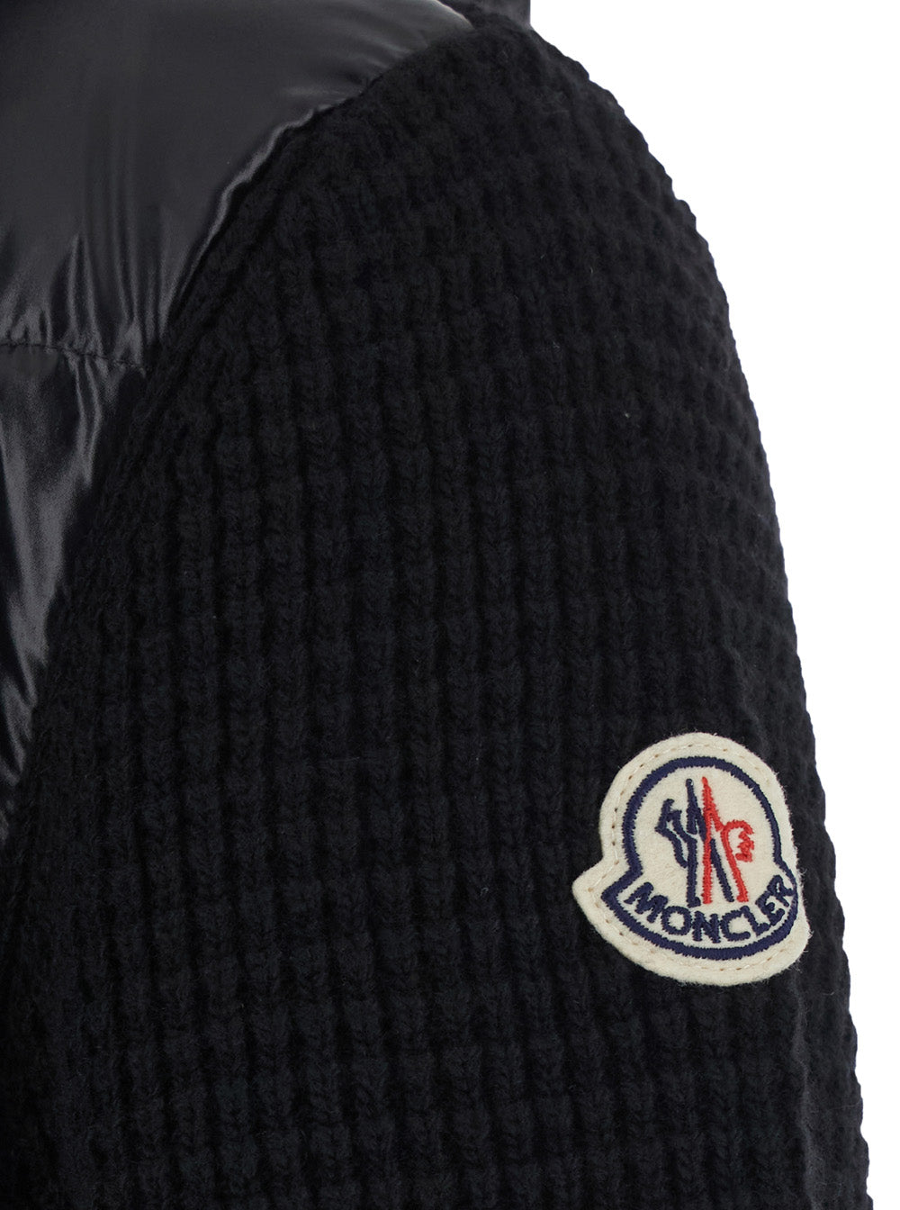 Moncler Men Black Cardigan With Zip And Logo Patch On The Sleeve In Tech Fabric And Wool Blend Men