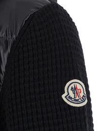Moncler Men Black Cardigan With Zip And Logo Patch On The Sleeve In Tech Fabric And Wool Blend Men