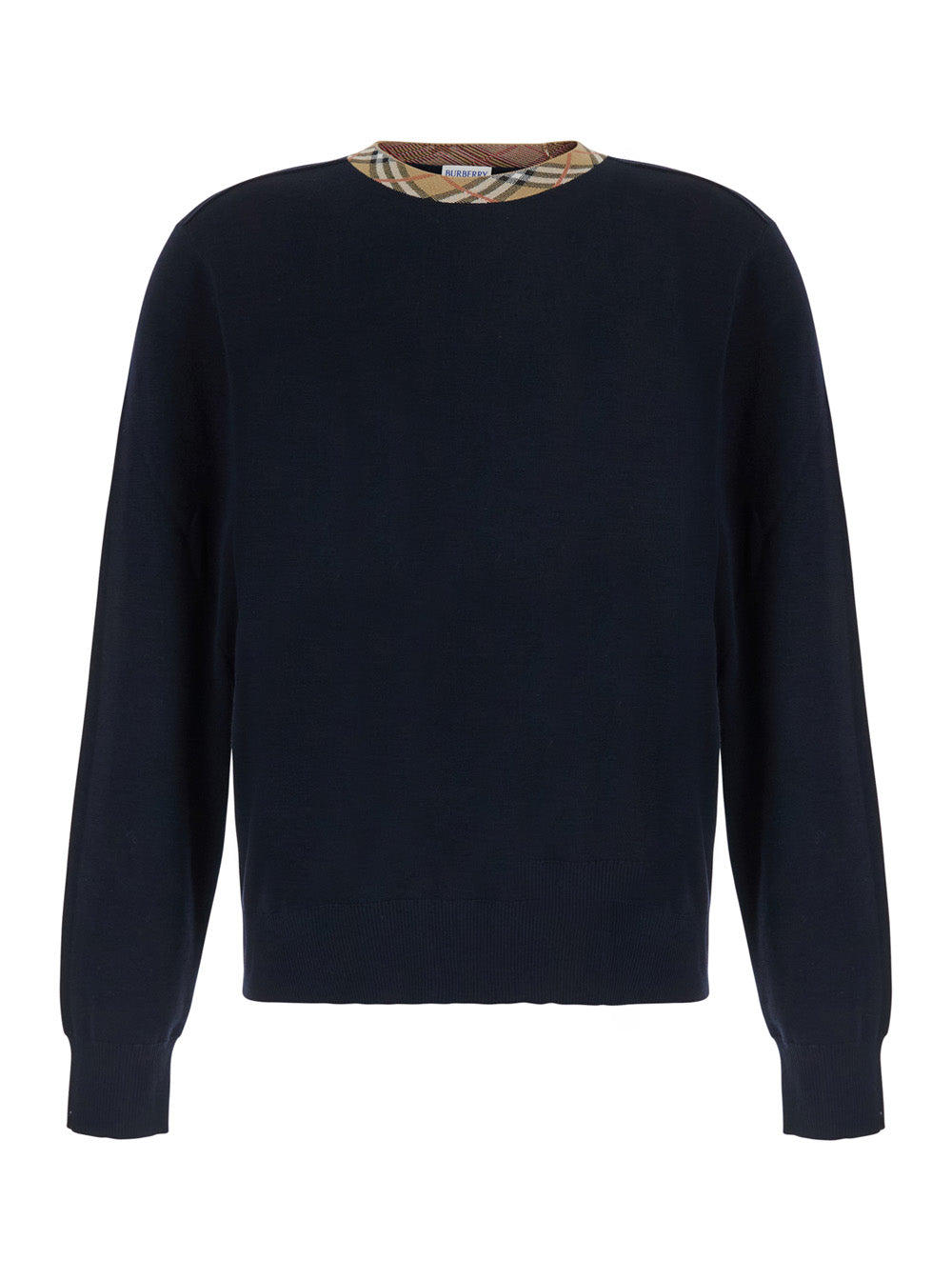 Burberry Men 'Michael' Blue Crew Neck Sweater With Check Motif On The Neck In Wool For Men