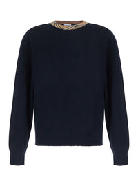 Burberry Men 'Michael' Blue Crew Neck Sweater With Check Motif On The Neck In Wool For Men