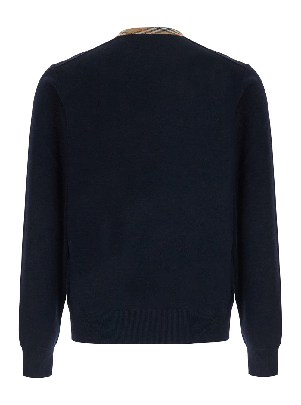 Burberry Men 'Michael' Blue Crew Neck Sweater With Check Motif On The Neck In Wool For Men
