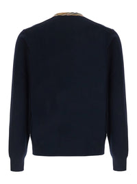 Burberry Men 'Michael' Blue Crew Neck Sweater With Check Motif On The Neck In Wool For Men