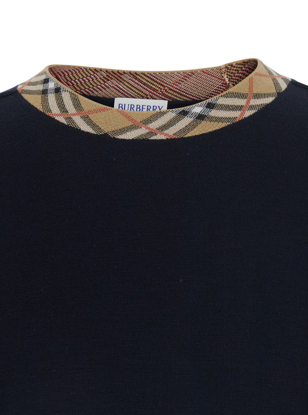 Burberry Men 'Michael' Blue Crew Neck Sweater With Check Motif On The Neck In Wool For Men