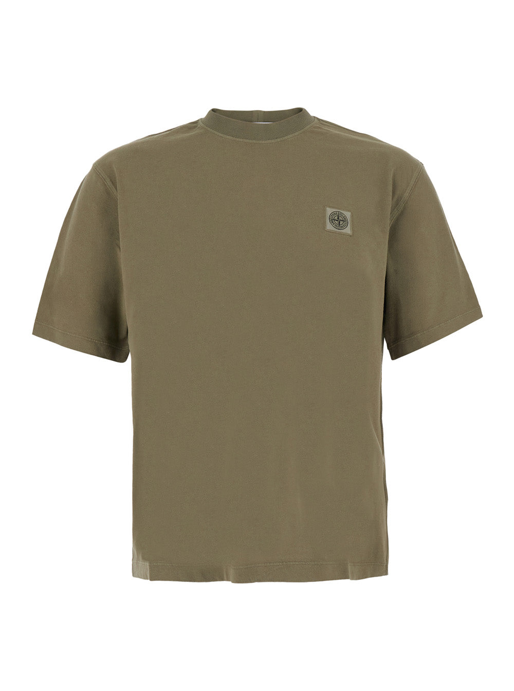 Stone Island Men Green Crew Neck T-Shirt With Logo Patch On The Front In Cotton For Men