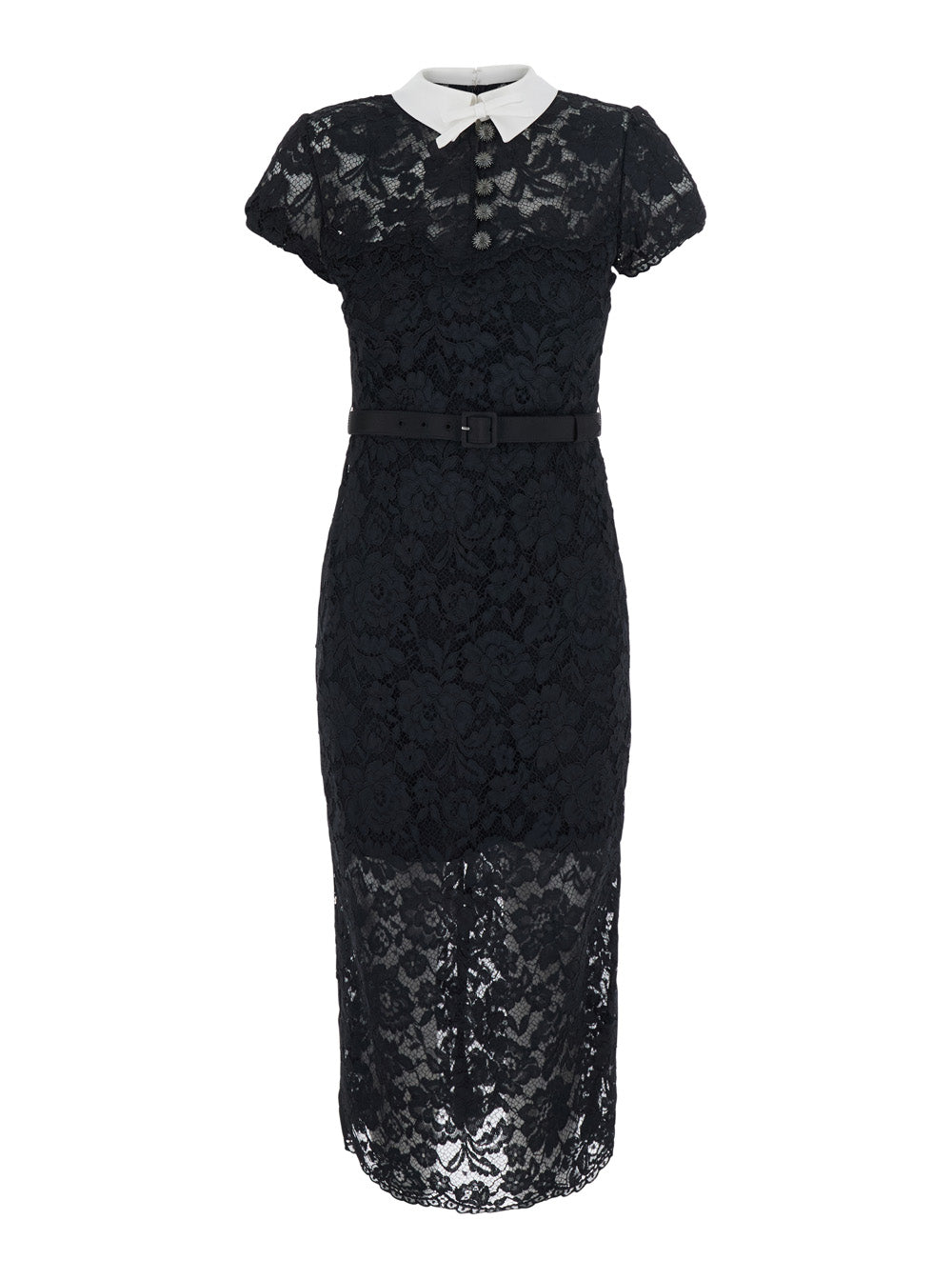 SELF-PORTRAIT Self-Portrait Women Black Long Dress With Contrasting Collar And All-Over Lace Embroidery In Tech Fabric For Women