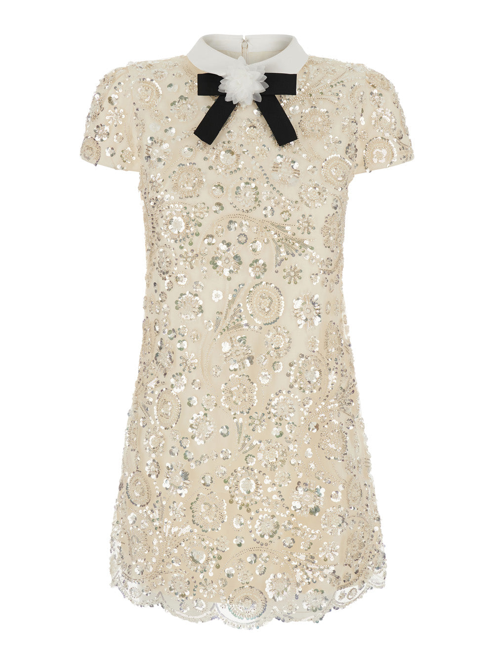 Self-Portrait Women Beige Mini Dress With Bow On The Front And All-Over Sequin Embroidery In Tech Fabric For Women