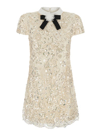 Self-Portrait Women Beige Mini Dress With Bow On The Front And All-Over Sequin Embroidery In Tech Fabric For Women