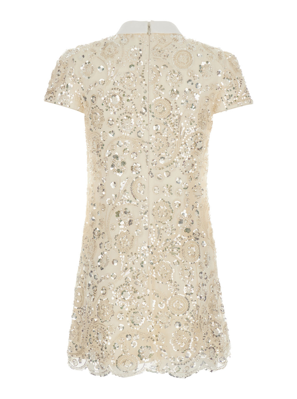 Self-Portrait Women Beige Mini Dress With Bow On The Front And All-Over Sequin Embroidery In Tech Fabric For Women