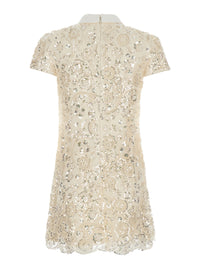 Self-Portrait Women Beige Mini Dress With Bow On The Front And All-Over Sequin Embroidery In Tech Fabric For Women
