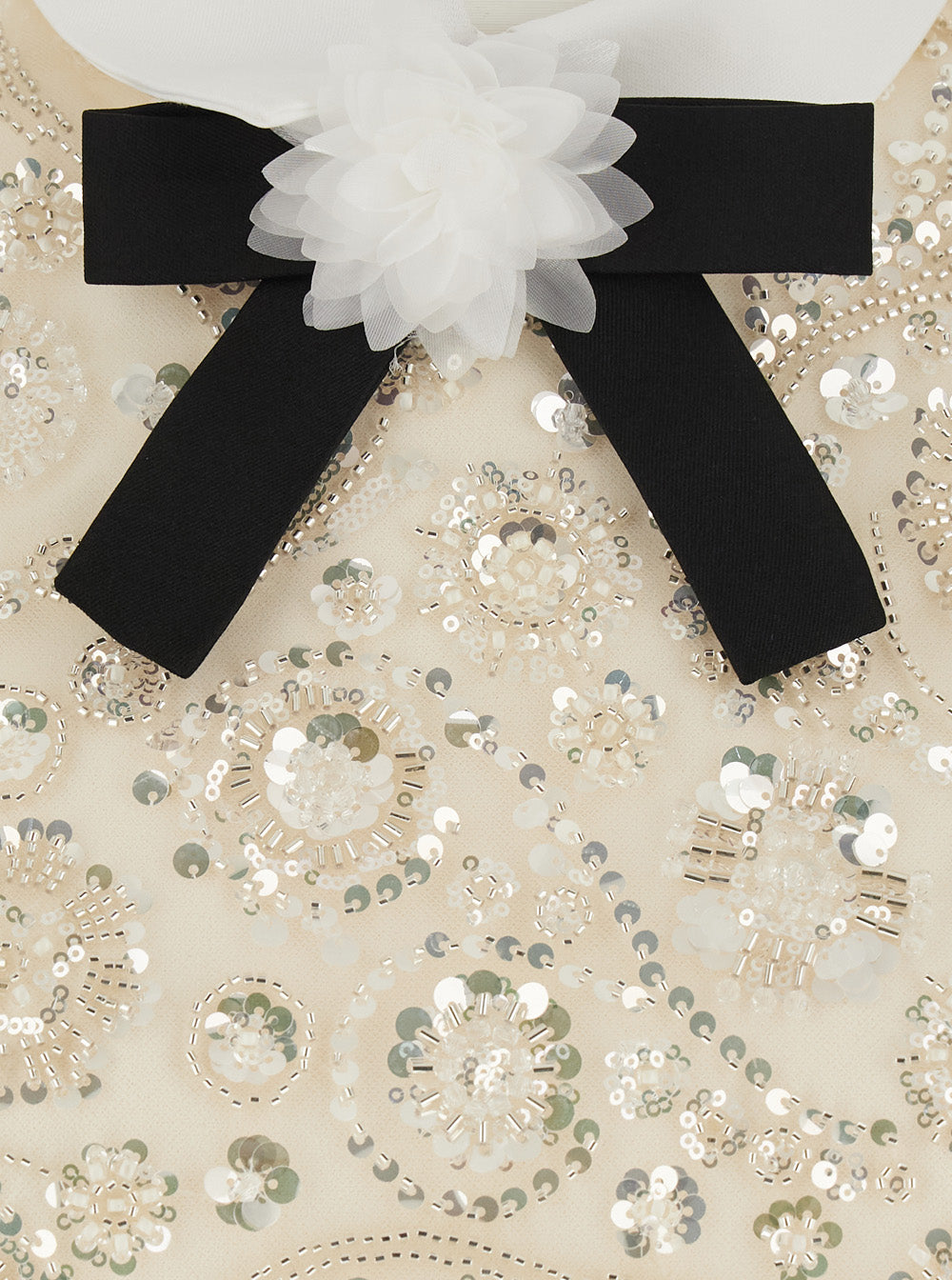 Self-Portrait Women Beige Mini Dress With Bow On The Front And All-Over Sequin Embroidery In Tech Fabric For Women