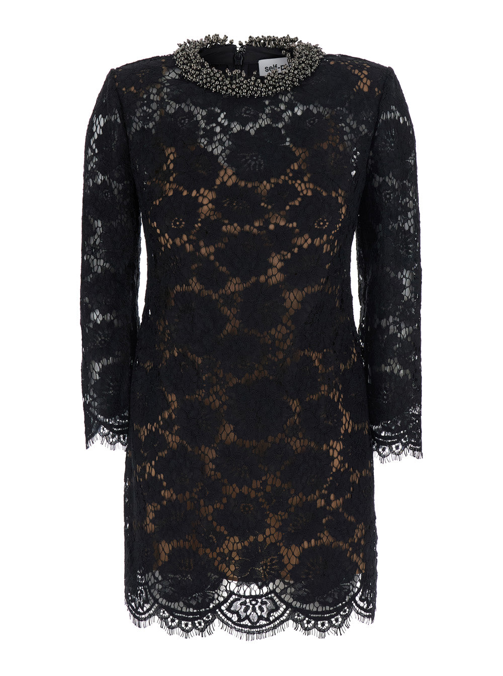 Self-Portrait Women Black Mini Dress With Beaded Collar And All-Over Lace Embroidery In Tech Fabric For Women