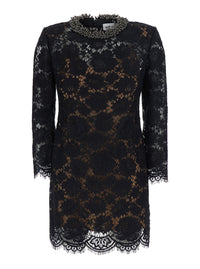 Self-Portrait Women Black Mini Dress With Beaded Collar And All-Over Lace Embroidery In Tech Fabric For Women