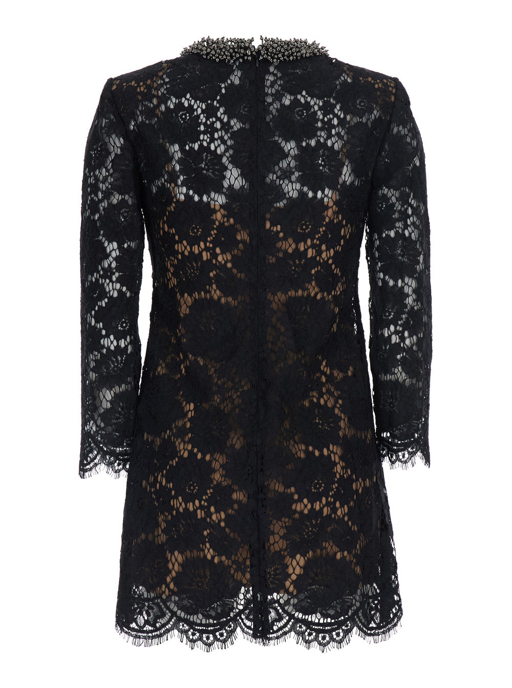 Self-Portrait Women Black Mini Dress With Beaded Collar And All-Over Lace Embroidery In Tech Fabric For Women