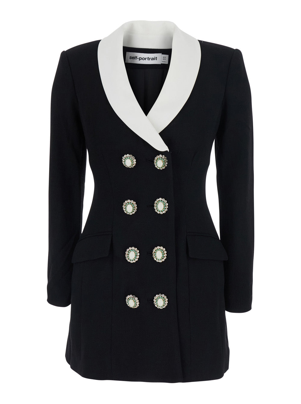 Self-Portrait Women Black Jacket With Contrasting V-Neck And Jewel Buttons In Wool For Women