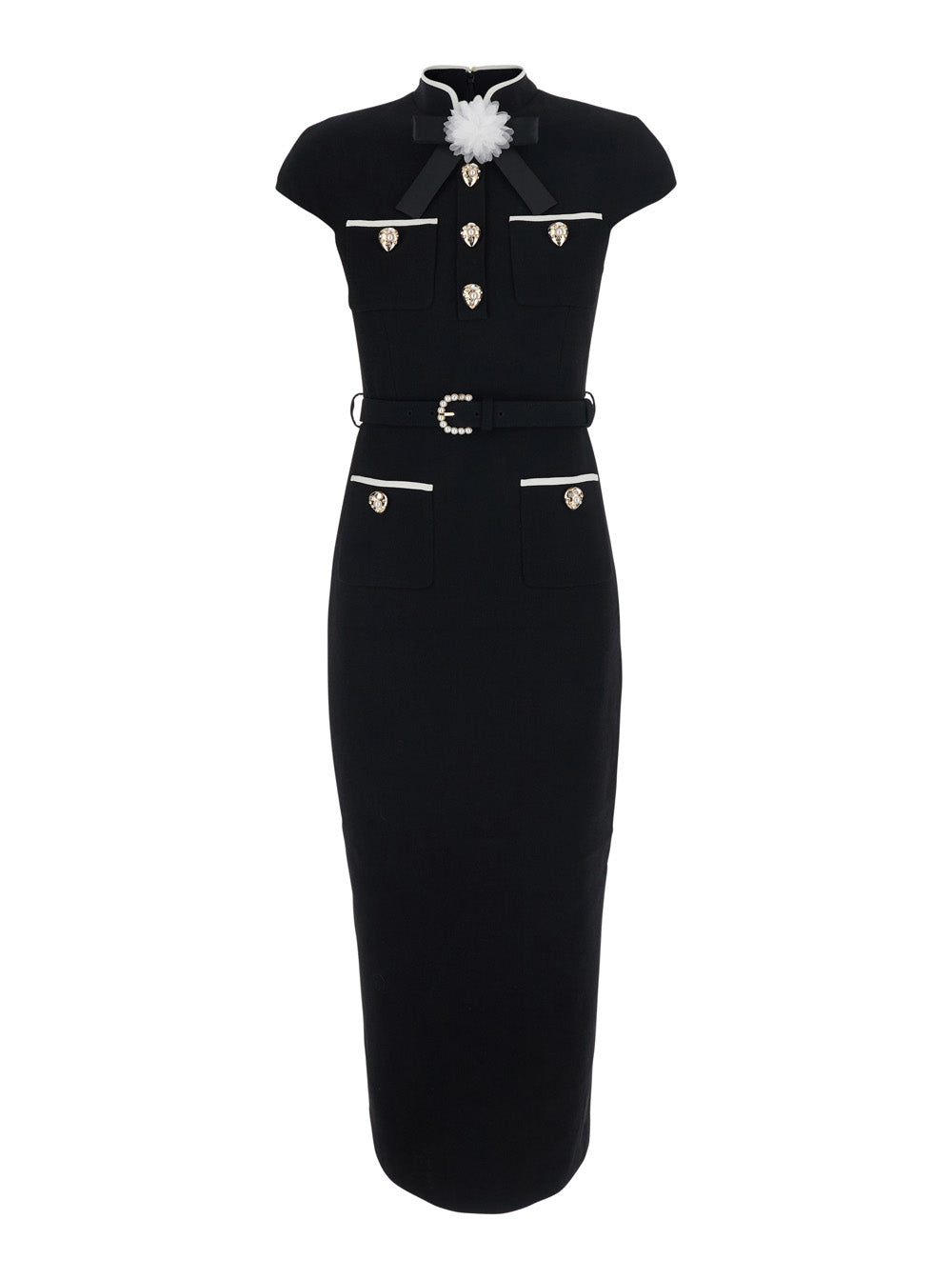 Self-Portrait Women Black Long Dress With Bow On The Front And Belt In Wool For Women