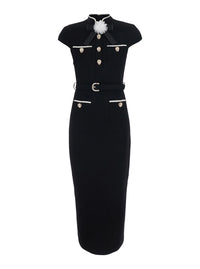 Self-Portrait Women Black Long Dress With Bow On The Front And Belt In Wool For Women