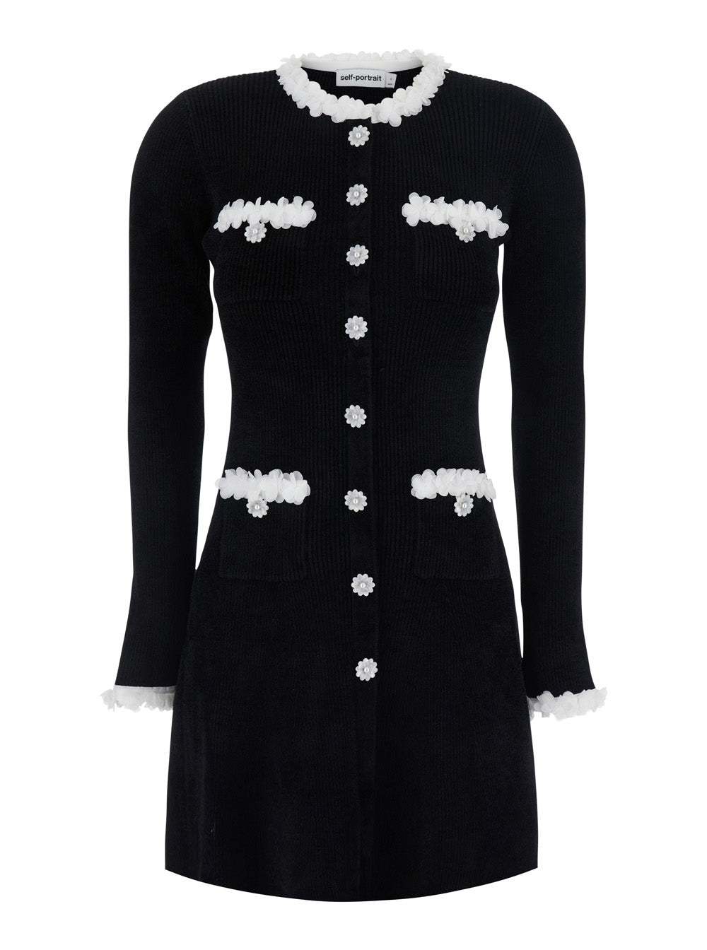 Self-Portrait Women Black Mini Dress With Floral Decorations In Blend Viscose Women