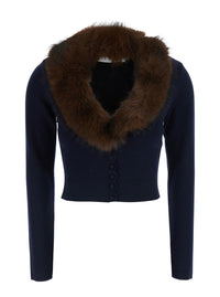Self-Portrait Women Cardigan In Knit With Synthetic Fur And Long Sleeves In Blue For Women
