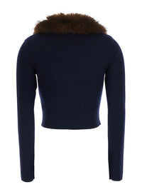 Self-Portrait Women Cardigan In Knit With Synthetic Fur And Long Sleeves In Blue For Women