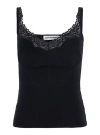 SELF-PORTRAIT Self-Portrait Women Black Sleeveless Top With Lace Embroidery In Cotton Blend For Women