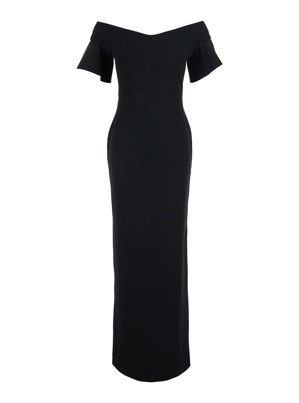 Solace London Women 'Cielo' Black Long Dress With Off-Shoulder And Hidden Zip Closure At The Back In Tech Fabric Women