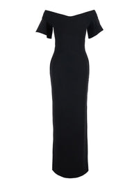Solace London Women 'Cielo' Black Long Dress With Off-Shoulder And Hidden Zip Closure At The Back In Tech Fabric Women