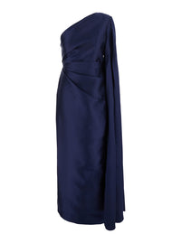 Solace London Women 'Veya' Blue Long Dress With Asymmetric Neckline And Draping In Tech Fabric Women