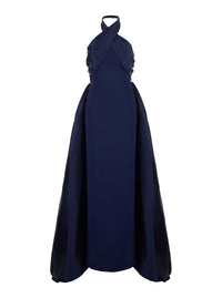 Solace London Women 'Rumi' Blue Long Dress With Crossed Halterneck And Single Slit On The Back In Tech Fabric Women