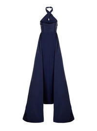 Solace London Women 'Rumi' Blue Long Dress With Crossed Halterneck And Single Slit On The Back In Tech Fabric Women