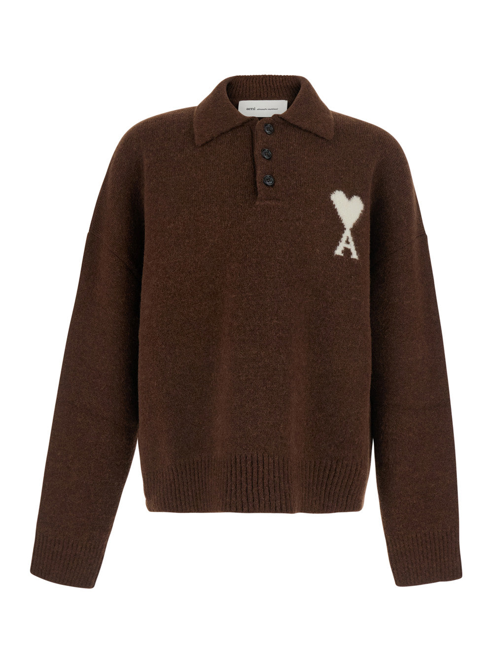 Ami Paris Men Brown Sweater With Polo Collar And Adc Embroidery On The Front In Wool For Men