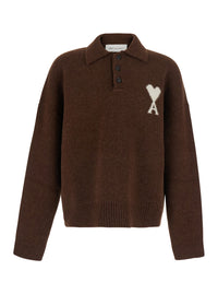Ami Paris Men Brown Sweater With Polo Collar And Adc Embroidery On The Front In Wool For Men