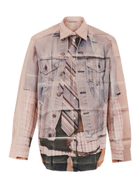 Acne Studios Men Pink Shirt With Classic Collar And Trompe L'oeil Print In Cotton For Men