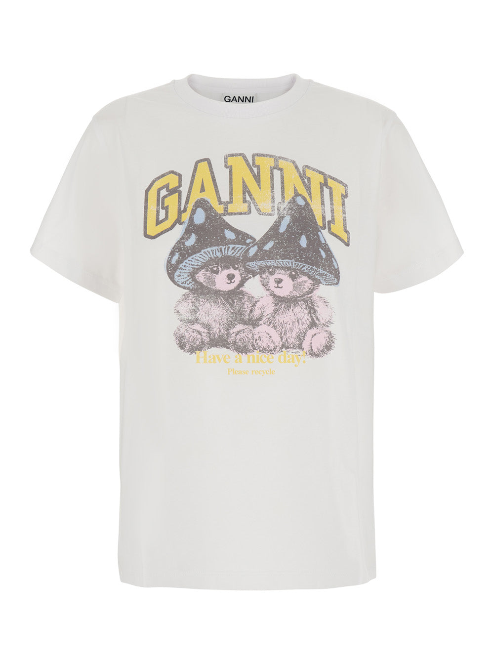GANNI Ganni Women White Round Neck T-Shirt With Maxi Print On The Front In Cotton For Women