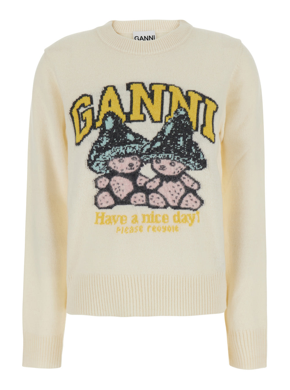 Ganni Women White Crewneck Sweater With Maxi Graphic On The Front In Blend Wool Women